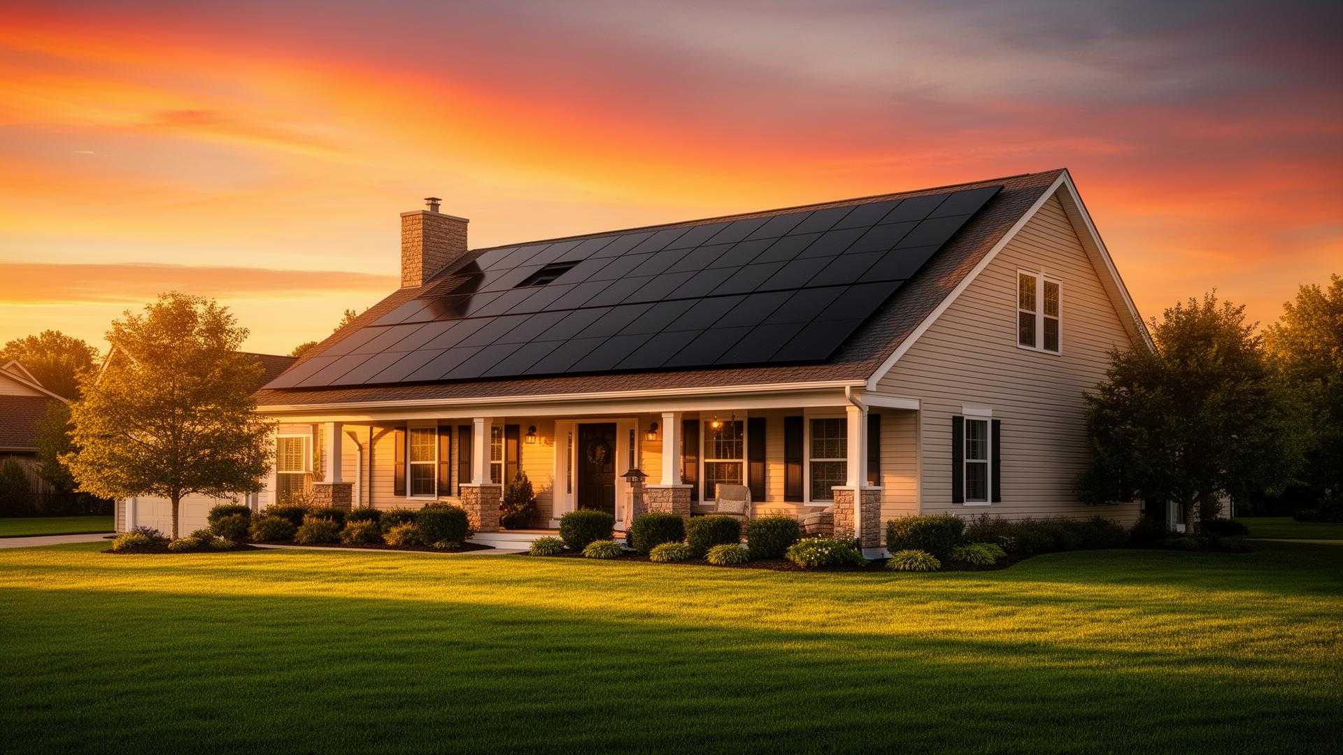 Modern suburban home with sleek solar panels at sunset
